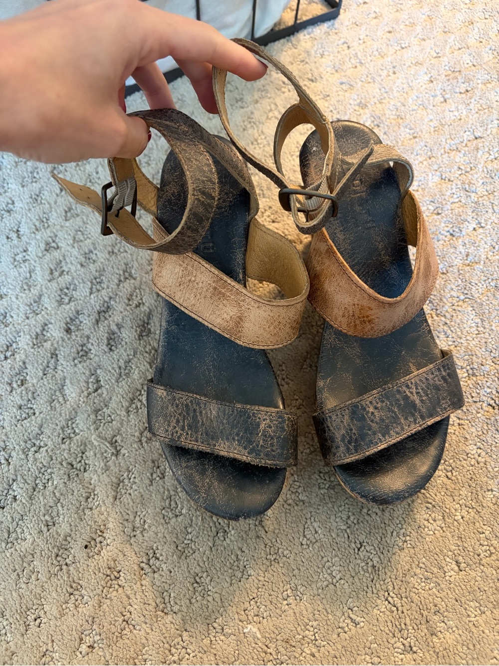 Bed Stu Two-Tone Distressed Leather Ankle-Strap Sandals - Black and Brown